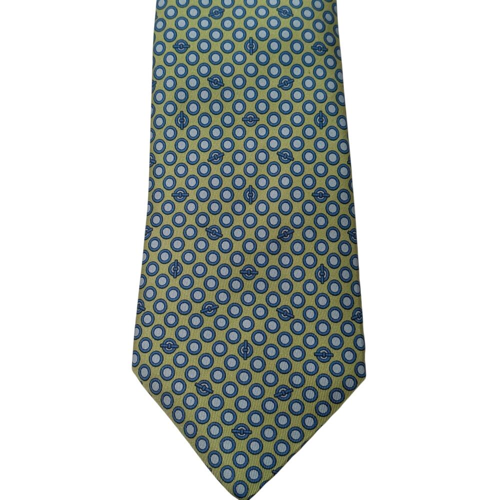 Vintage Hermès 100% Silk Men's Green Tie With Blue Geometric Designs